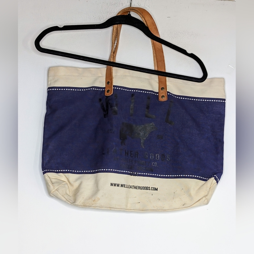 Will Leather Goods Large Blue Burlap & Leather Bag, Feed Sack STAINS